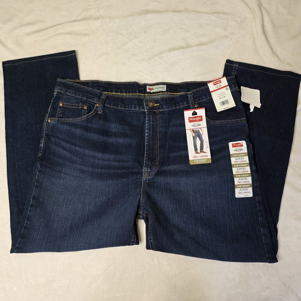 NEW Wrangler Jeans 42 x 30 Fit Five‎ Star STRETCH Dark Denim Blue #1092SSWDB